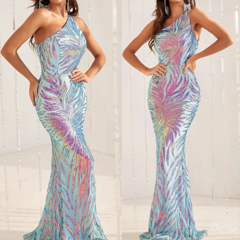 Luxe one shoulder mermaid hem party formal prom wedding sequins gown dress
